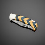 Artisan Damascus Folding Knife // Blue & Olive Wood // Herringbone