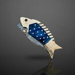 Artisan Damascus Folding Knife // Blue Pakka Wood & Brass // Fish