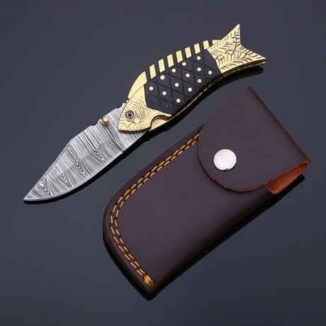 Damascus Folding Knife // Black Micarta & Brass // Fish