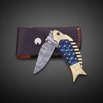 Artisan Damascus Folding Knife // Blue Pakka Wood & Brass // Fish