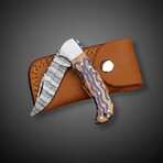 Artisan Damascus Folding Knife // Olive Wood & Blue Resin // Striped