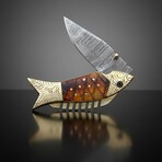 Hand-Forged Damascus Folding Knife // Brass & Bone Inlay // Fish