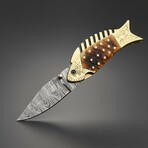 Hand-Forged Damascus Folding Knife // Brass & Bone Inlay // Fish