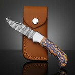 Artisan Damascus Folding Knife // Olive Wood & Blue Resin // Striped