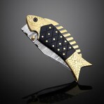 Damascus Folding Knife // Black Micarta & Brass // Fish