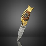 Hand-forged Damascus Folding Knife // Black & Grey Pakka Wood & Brass // Fish