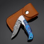 Artisan Damascus Steel Folding Knife // Blue Pakka Wood