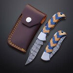 Artisan Damascus Folding Knife // Blue & Olive Wood // Herringbone