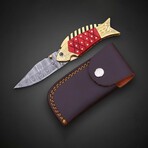 Hand-forged Damascus Folding Knife // Red Pakka Wood & Brass // Fish