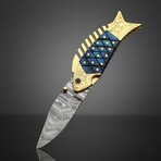 Artisan Damascus Folding Knife // Blue Pakka Wood & Brass // Fish