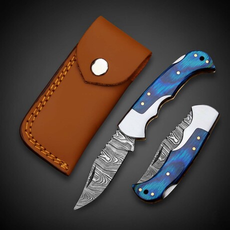 Artisan Damascus Steel Folding Knife // Blue Pakka Wood
