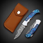 Artisan Damascus Steel Folding Knife // Blue Pakka Wood