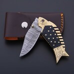 Damascus Folding Knife // Black Micarta & Brass // Fish