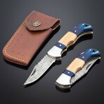 Artisan Damascus Folding Knife // Blue & Olive Wood