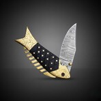 Damascus Folding Knife // Black Micarta & Brass // Fish