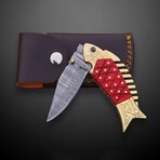 Hand-forged Damascus Folding Knife // Red Pakka Wood & Brass // Fish