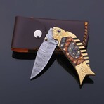 Hand-forged Damascus Folding Knife // Black & Grey Pakka Wood & Brass // Fish