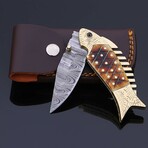 Hand-Forged Damascus Folding Knife // Brass & Bone Inlay // Fish