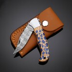 Artisan Damascus Folding Knife // Olive Wood & Blue Resin // Cheetah