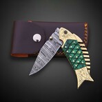 Artisan Damascus Pocket Knife // Green Pakka Wood & Brass // Fish