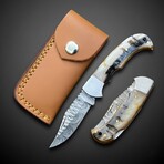 Hand-Forged Damascus Folding Knife // Natural Ram Horn