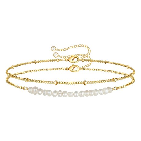 18K Gold Plated Steel + Cubic Zirconia Trinity Link + Pearl Bracelet Set // Set of 2 // 6"-8" (Adjustable)