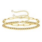 18K Gold Plated Steel + Cubic Zirconia Trinity Link + Bead Bracelet Set // Set of 2 // 6"-8" (Adjustable)