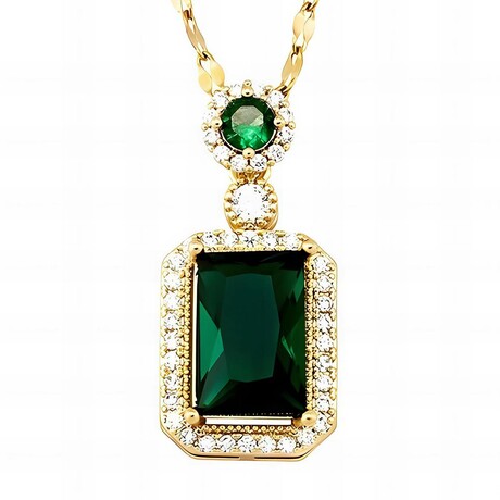18K Gold Plated Steel + Cubic Zirconia + Emerald Luxe Pendant Necklace // 16"