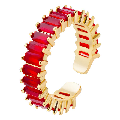18K Gold Plated Steel + Ruby Cubic Zirconia Baguette Ring // Ring Size: Adjustable