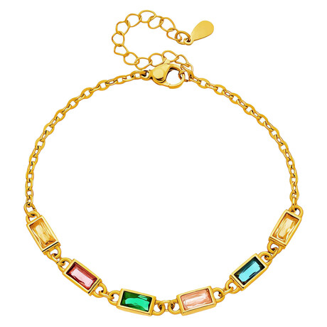 18K Gold Plated Steel + Multi-Colored Cubic Zirconia Equinox Rainbow Bracelet // 6"-8" (Adjustable)