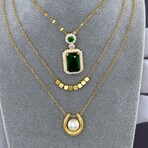 18K Gold Plated Steel + Cubic Zirconia + Emerald Luxe Pendant Necklace // 16"
