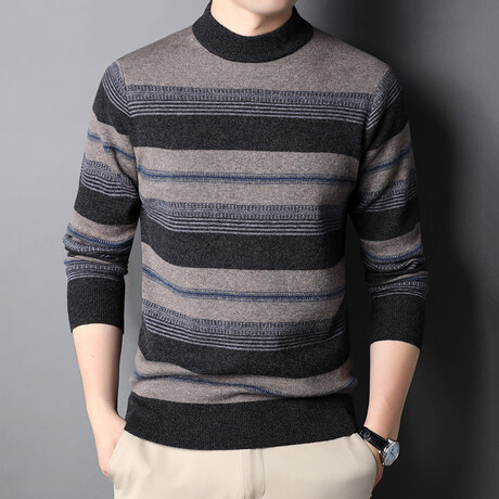 Mock Neck Striped Jaquard Sweater // Black (XS)