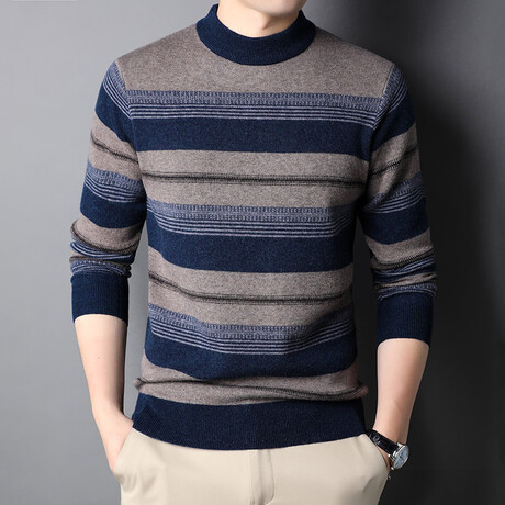 Mock Neck Striped Jaquard Sweater // Navy Blue (XS)