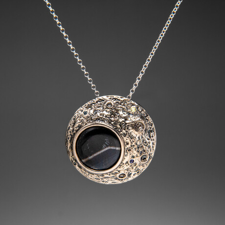 Genuine Black Onyx Crescent Moon Pendant with 18" Sterling Silver Chain