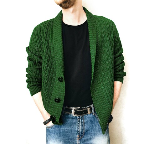 Shawl Collar Button-Up Cardigan // Green (XS)
