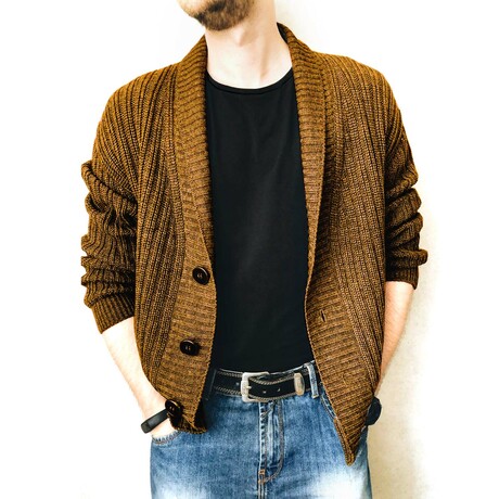 Shawl Collar Button-Up Cardigan // Brown (XS)