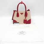 Prada // Saffiano Leather + Canvas Classic Two-Way Bag // Beige + Fuoco // Pre-Owned