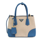 Prada // Saffiano Leather + Canvas Two-Way Bag // Beige + Blue // Pre-Owned