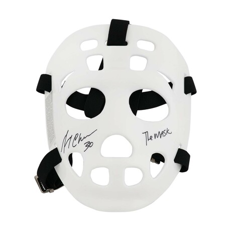 Gerry Cheevers // Signed WhiteThrowback Goalie Mask With Black Straps