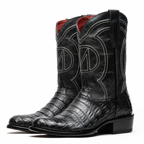 Phoenix // Caiman Belly Leather Western Boots // Black (7)