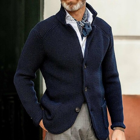Stand-Up Collar Knit Cardigan // Navy Blue (XS)