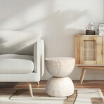 Double Hourglass Travertine Stone Finish Italian Design MgO Side Accent Table