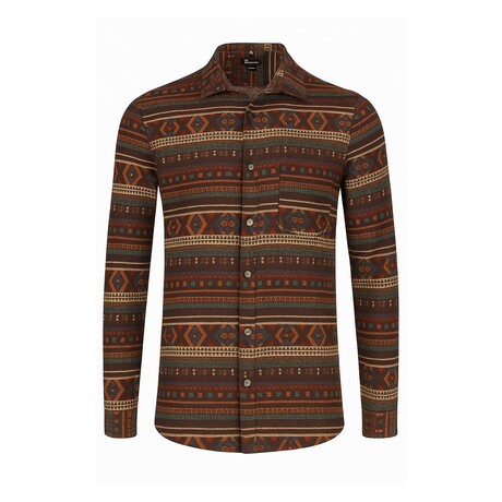 Tribal Printed Pattern Long Sleeve Button-Up Shirt // Brown (S)