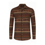 Tribal Printed Pattern Long Sleeve Button-Up Shirt // Brown (S)