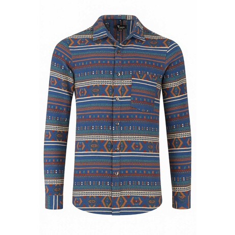 Tribal Printed Pattern Long Sleeve Button-Up Shirt // Blue (S)