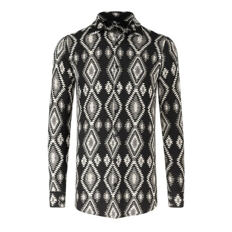 Geometric Printed Pattern Long Sleeve Button-Up Shirt // Black (S)