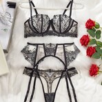 Dusk Petal Lingerie 3 Piece Embroidered Lace Set // Black (S)