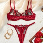Rose Embroidered Lingerie 2 Piece Set // Red (S)