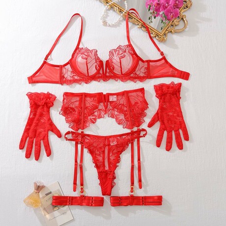 Midnight Bloom Lace Lingerie Set // Red (S)