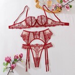 Dusk Petal Lingerie 3 Piece Embroidered Lace Set // Red (L)